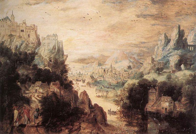 Herri met de Bles Landscape with Christ and the Men of Emmaus